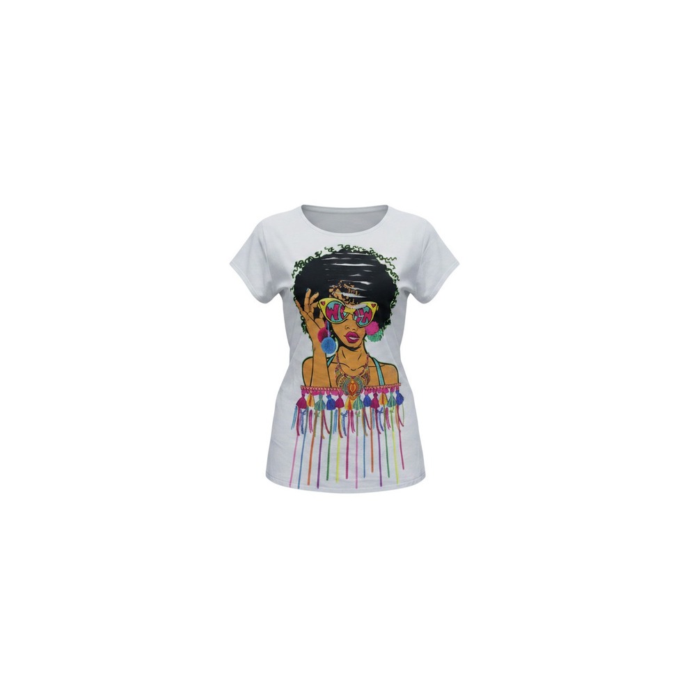 Haute Mess Graphic Tee Womens XL White  Shredded Neck Afro Tassel